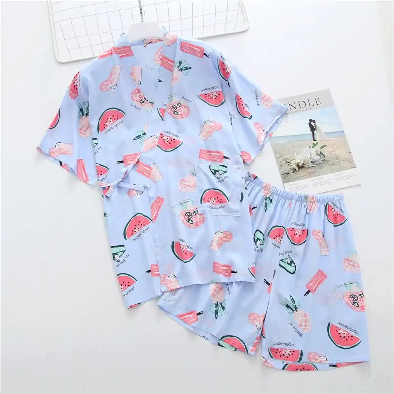 

Summer Cute Fruits Kimono Robe Sets Women Soft Rayon Japanese Pajamas Sets Short Sleeves Shorts Suit Pyjama Sleepwear For Women