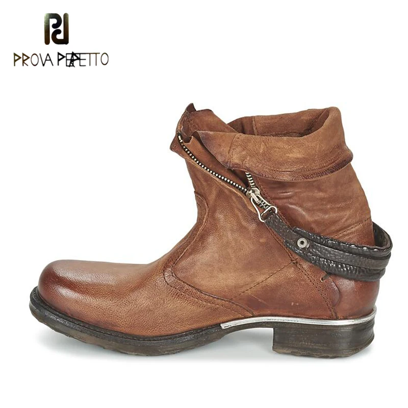 

Prova Perfetto Motorcycle Boots For Female Back Buckle Do Old Leather Retro Short Boots Autumn Winter New Design Boots