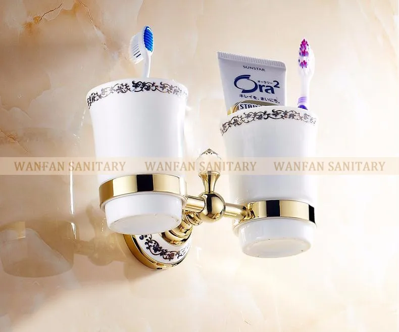 Держатели для чашек и стаканов Ретро латунный материал настенные аксессуары для ванной комнаты хрустальные хромированные золотые Двойные подстаканники 6308