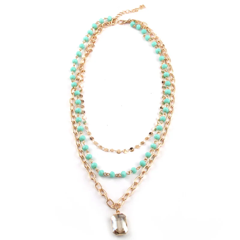 

Fashion Bohemian 3 layer Multiple Halsband Crystal Rosary Chain Gold Flat Chain Rectangle Crystal Pendant Necklace Free Shipping
