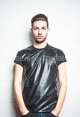 

Fancy O-NECK SNAKESKIN LEATHER SLEEVE T-SHIRT SHORT SLEEVE LEATHER NEWS COOL FOR MAN FASHION LEATHER CLOTHES US SIZE