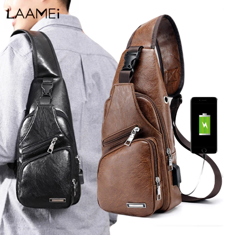 

Laamei Crossbody Bags Men Zipper Solid Waist Bag Leather Shoulder Bags Chest Bag USB With Hole Back Handbag Packs Purse