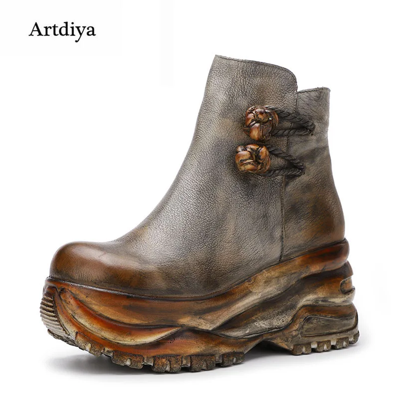 

Artdiya Original Autumn Winter New Wedges Heels Thick Sole Women's Boots Genuine Leather Retro Increased Cowhide Ankle Boots