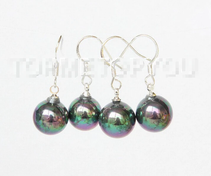 

Free shipping Dangle 2 PCS 10mm peacock black south sea shell pearls Earrings 477