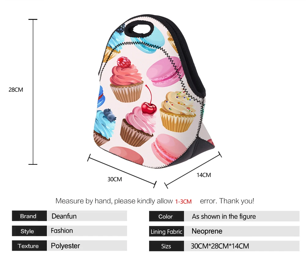 Deanfun 3D напечатанный мешок для ланча на молнии для женщин Макарон шаблон милый неопрен водонепроницаемый Горячая 50807