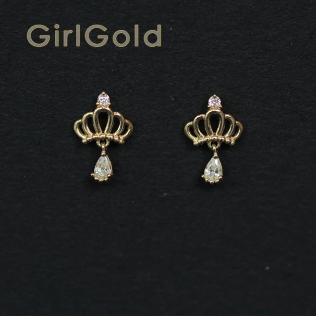 

9K solid gold imperial crown crystal stud earring Mini dainty women minimal simple style gift bridesmaid