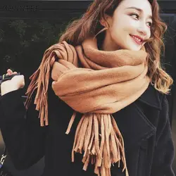 Шарфы женские Твердые кисточкой длинный толстый теплый шарф Корейский Элегантный Модный мягкий шарф студенческие милые женские шарфы