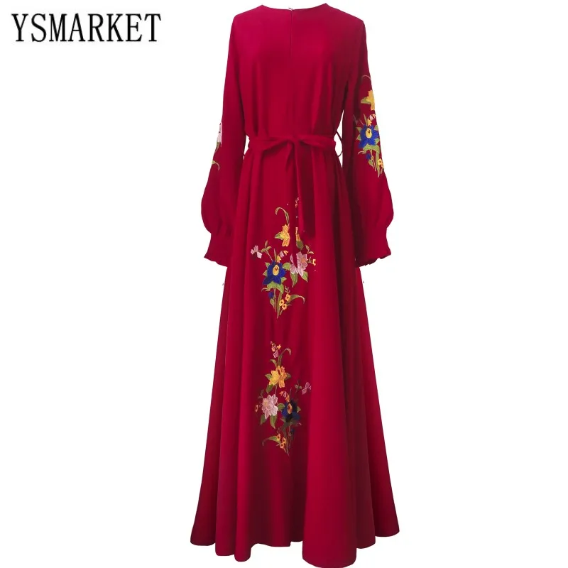 

Elegant Fit and Flare Dress Belts floral Embroidered Big Hem Muslim Middle Eastern Dresses Long Sleeve Maxi Vintage HLQ100122