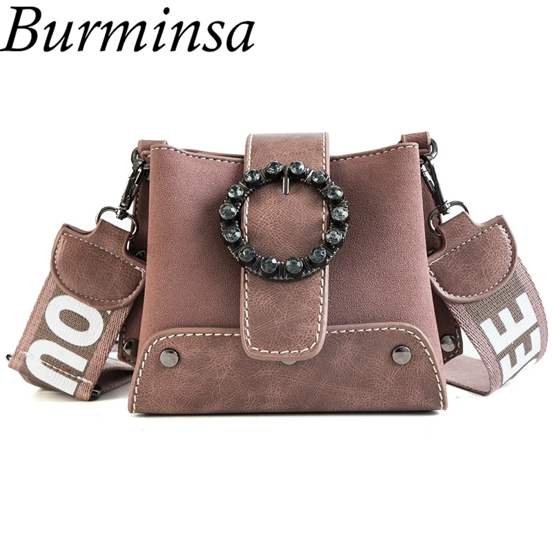 

Burminsa Women Diamond Suede Messenger Bags Small Cute Handbags High Quality Wide Strap Bucket Matte PU Leather Crossbody Bags