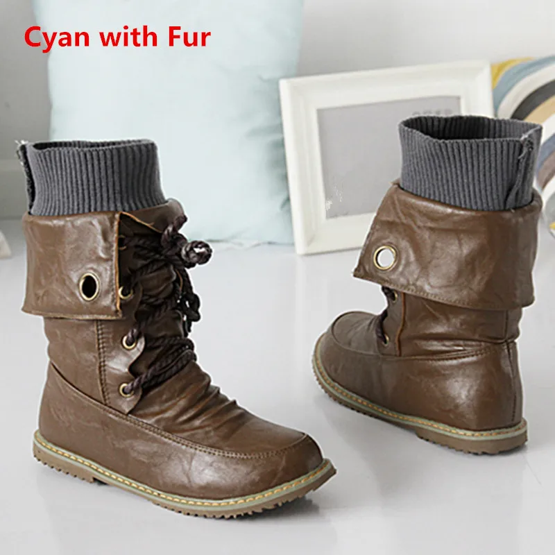 ENMAYER/Модные женские мотоциклетные ботинки; зимние ботинки до середины икры обувь на плоской подошве женская обувь; большие размеры 34-43 женские ботинки - Цвет: Cyan with Fur
