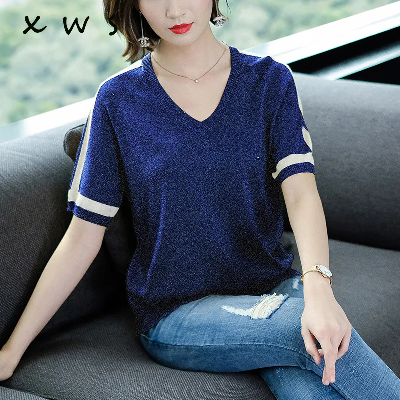 2019 Shiny Lurex Summer knitted Slim Pullover Women V-Neck Sweater Shirt Female All-match Basic Short Sleeve female sweater | Женская