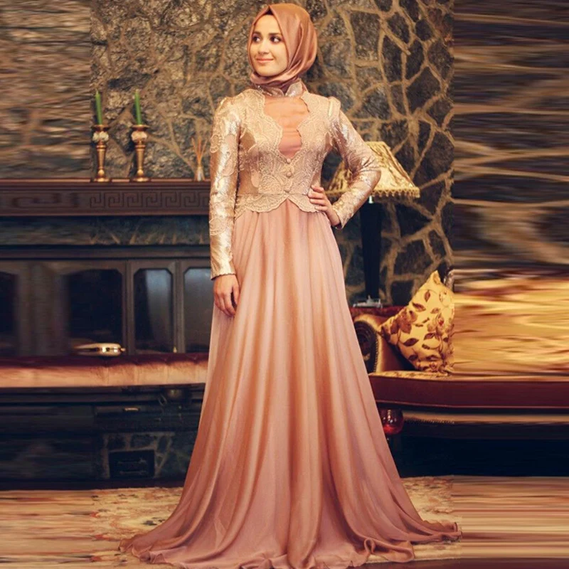 Fashion font b Hijab b font Islamic Long Sleeve Muslim Prom Dresses Evening Dress For Muslim