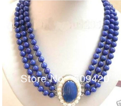 

Free shipping >>Charming Jewelry 3Row 8mm Lapis Lazuli white pearl clasp Necklace
