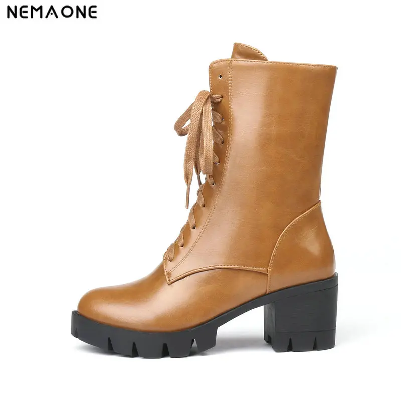 Thick high Heel Women Ankle Boots 2019 Autumn Winter Lady lace up Boots Black gray yellow Shoes Women