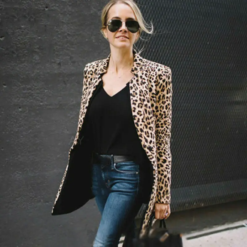 

Fashion Women Jacket Leopard Long Lady Jacket Coat Long Sleeve V Neck Business Outwears For Female Plus Size
