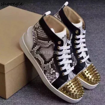 

SHOOEGLE Men Snakeskin Sneakers Rivet Gold Toe Flats Lace Up Python Shoes High Top Sneakers Fashion Men Casual Shoes