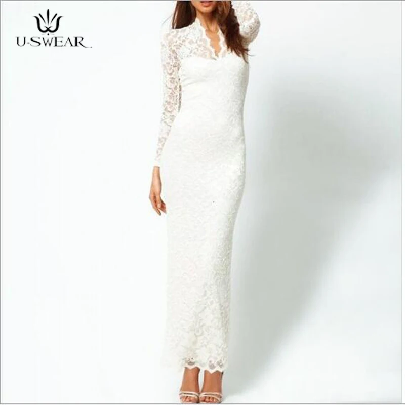 

U-SWEAR Women White Lace Elegant long gown party dresses hollow sexy dress wedding prom evening gown dress vestidos de fiesta