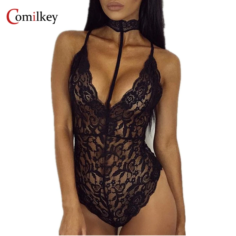 

Summer Transparent Lace Bodysuit Hang neck Women Deep V Sleeveless Sexy Inside Girl Jumpsuit catsuit Body