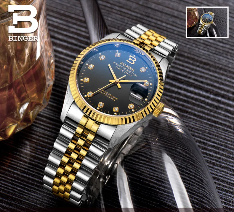 cristal auto-vento mecânico pulseira de aço completo