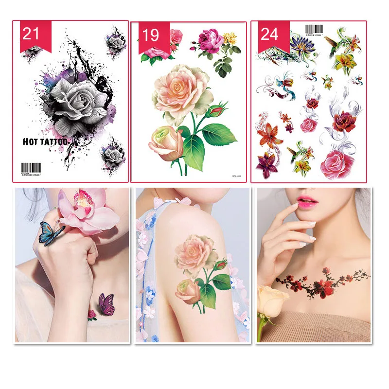 

MANZILIN 5pcs/set 3D Rose Flowers Stickers Tattoo Decals Henna Art Waterproof Paper Temporary Tattoo Half Hand Arm T21-25
