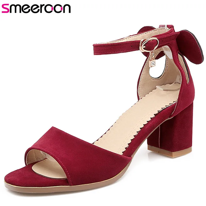 

Smeeroon 2018 hot sale women sandals peep toe buckle summer shoes top quality flock elegant red party shoes square heels shoes