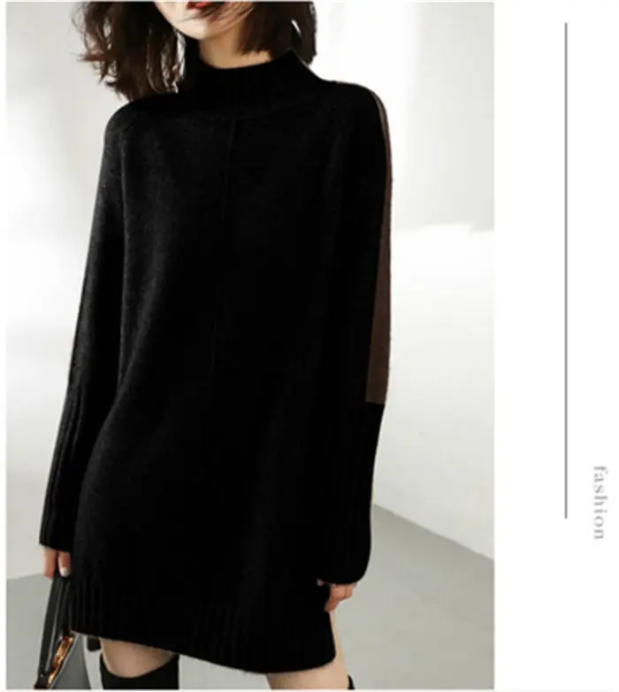 Осенне-зимняя новая водолазка; свитер Женская длинная кашемировая рубашка, Сумка с разрезом на бедрах, свободная, толстая, blusa malha canelada f1317 - Цвет: black
