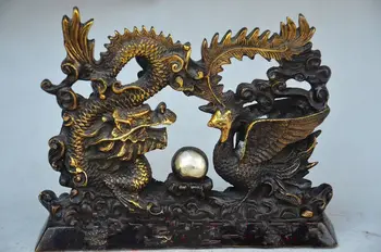 

30 cm * / CHINESE PURE COPPER HANDWORK DRAGON PHOENIX STATUES