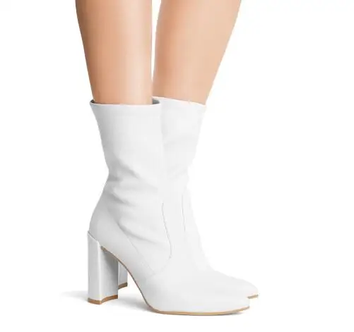 

White short boots for woman Black ankle boots Ladies pointed toe chunky high heel boots Fashion splicing boots Rome shoes