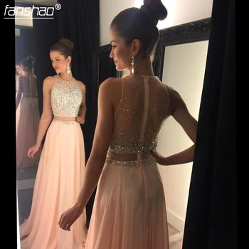 

Nude Pink Prom Dresses A-line Chiffon Beaded Crystals Two Pieces Elegant Long Prom Gown Evening Dresses Robe De Soiree