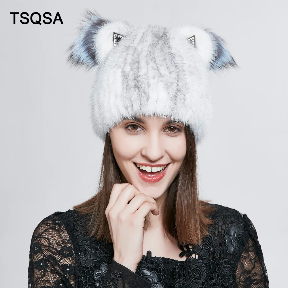 Natural Fox Hair Women S Hat Winter Mink Fur Cute Cat Ears Square