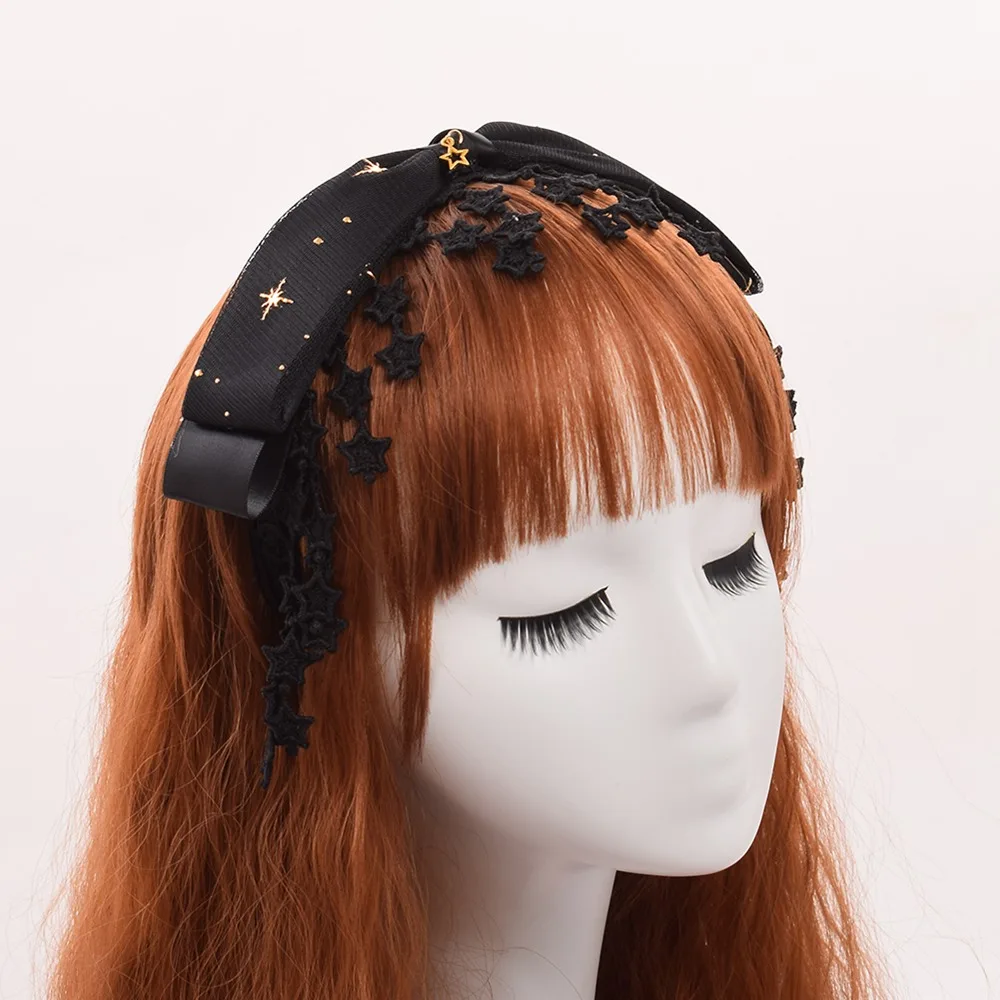 

Cute Girls Lolita Stars Black Bow Hairband Lace Tassel Headwear