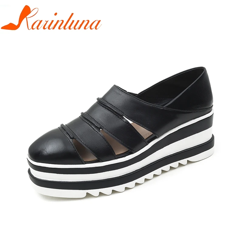 

KARINLUNA 2018 Summer Large Size 34-41 Cow Genuine Leather Woman Shoes Black Mix Color Leisure Flats Women Shoes