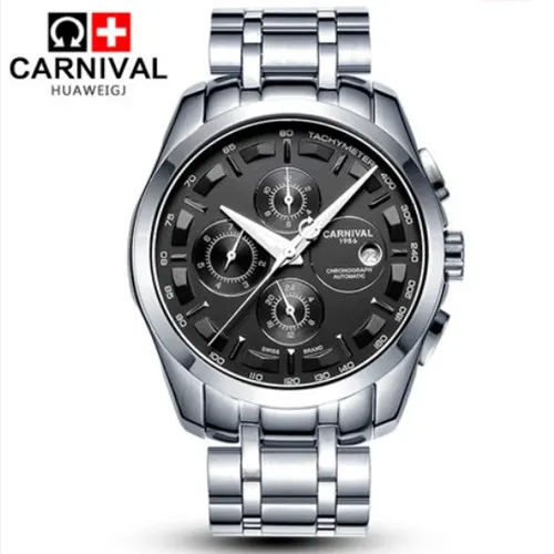 Автоматические механические швейцарские Брендовые мужские наручные часы модные роскошные часы с кожаным ремешком водонепроницаемые часы 100 м часы relogio reloj - Цвет: Black dial steel