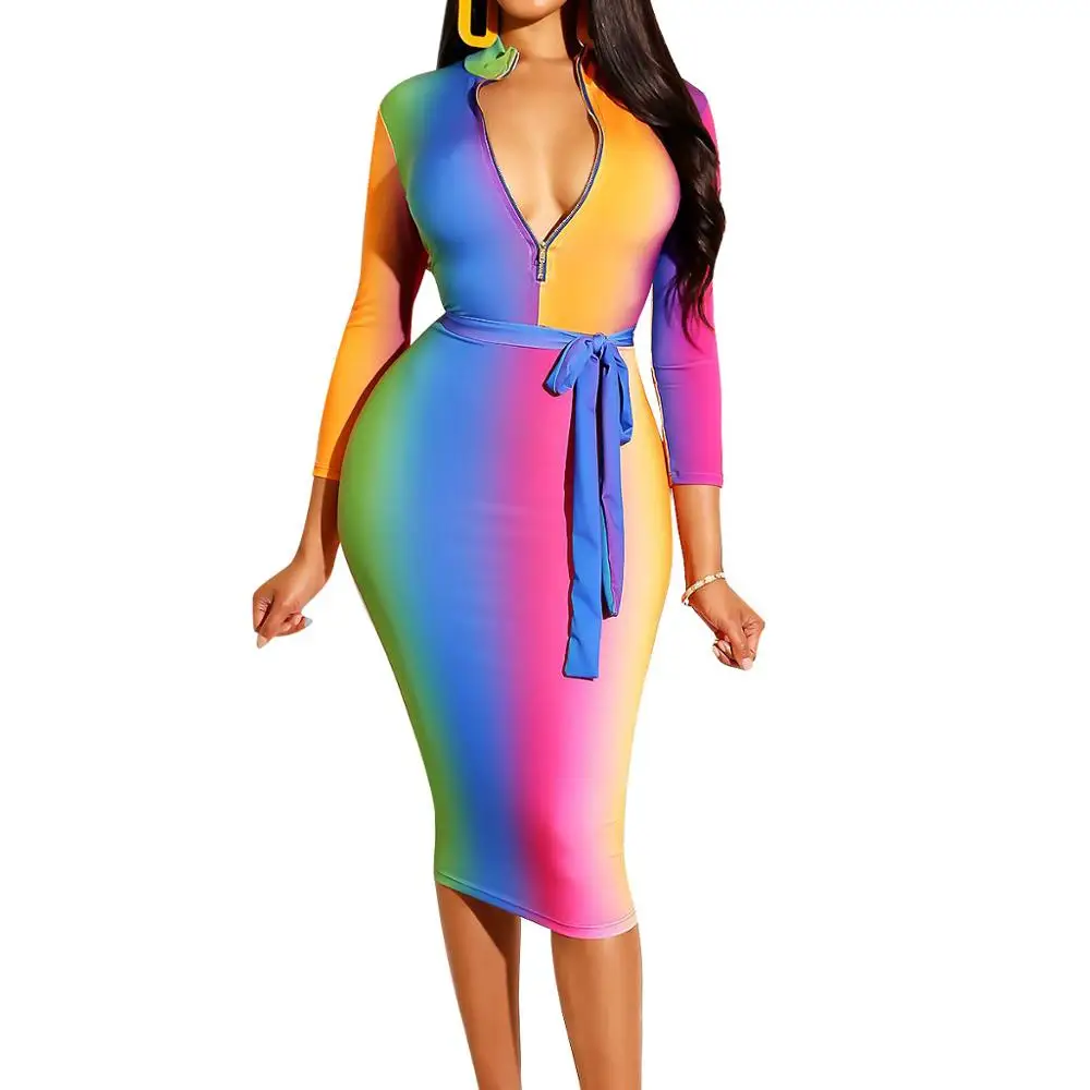 

Retro Rainbow Print Women Dress Sexy V-Neck Bodycon Boho Dresses Elegant Party Midi Vestidos Robe Femme 2019