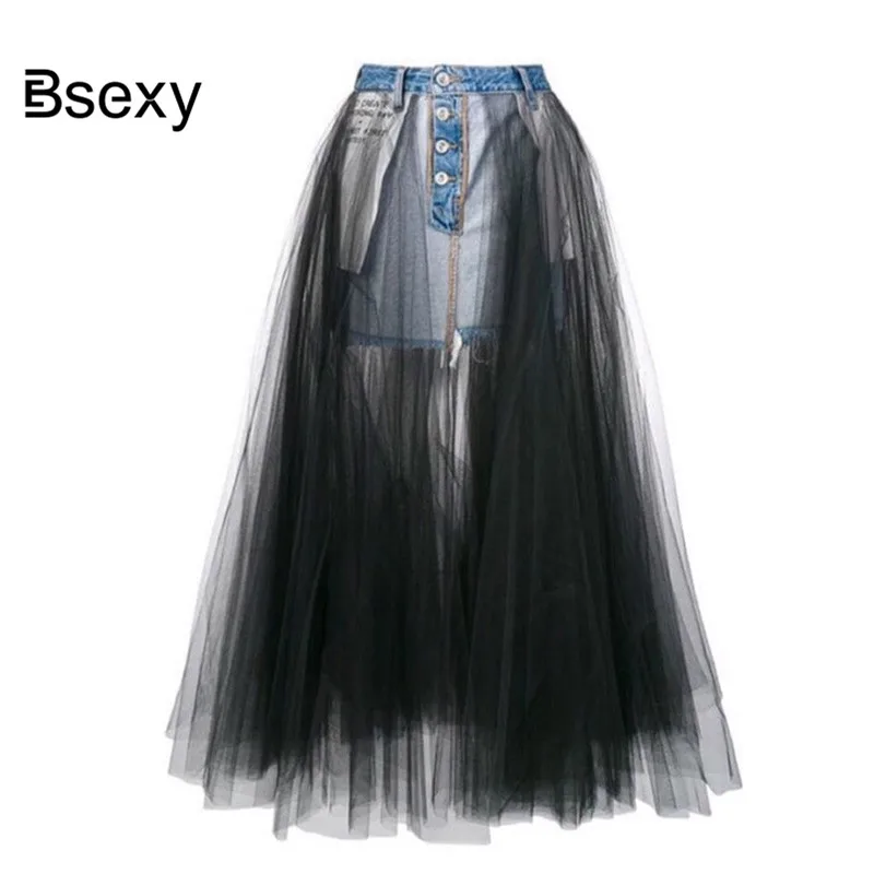 

Fashion Denim Spliced Black Mesh Long Skirts WOmens 2019 High Waist See Though Ball Gown Runway Women Maxi Tulle Jeans Skirt