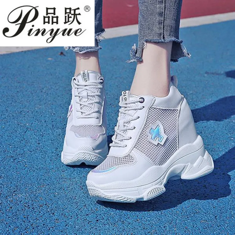 

2019 New Women High Platform Shoes Summer Breathable Women Height Increased Shoes 11CM Thick Sole Trainers Mesh Sneakers Woman