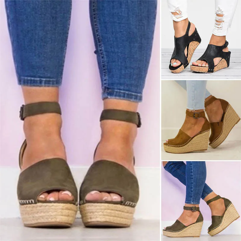 

2019 New Fashion Women Platform Wedges Sandals Peep Toe Hasp Ankle Strap Shoes for Summer LBY2019