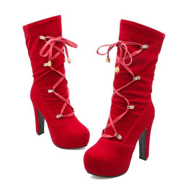 PQECFS/Большие размеры 34-43, высококачественные Демисезонные женские пикантные сапоги до середины икры на платформе, со стразами и лентами, на высоком каблуке, 3 цвета - Цвет: red