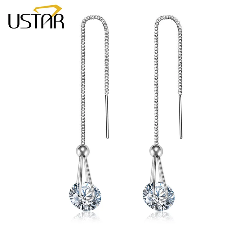 USTAR, длинные женские серьги в форме капли, 2.0ct AAA, круглая огранка, кубический цирконий, свадебные ювелирные изделия, серьги-гвоздики для женщин, brincos, подарок - Окраска металла: White Crystal Silver