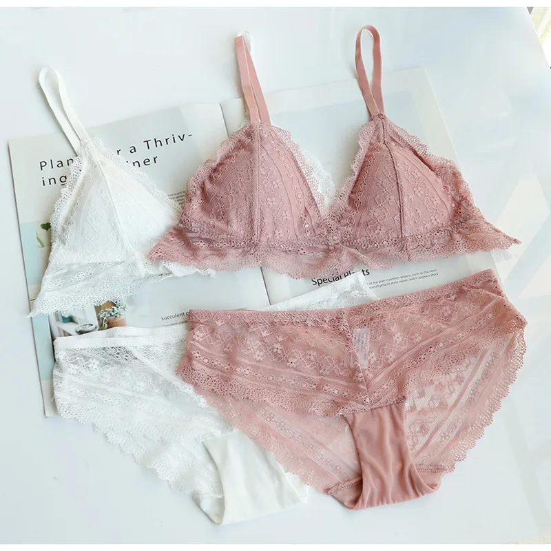 

French Lace Bra Set Ultra-thin Triangle Cup Sexy Underwear Fashion Pink Women Bralette Comfortable Sleep Lingerie Panties Set