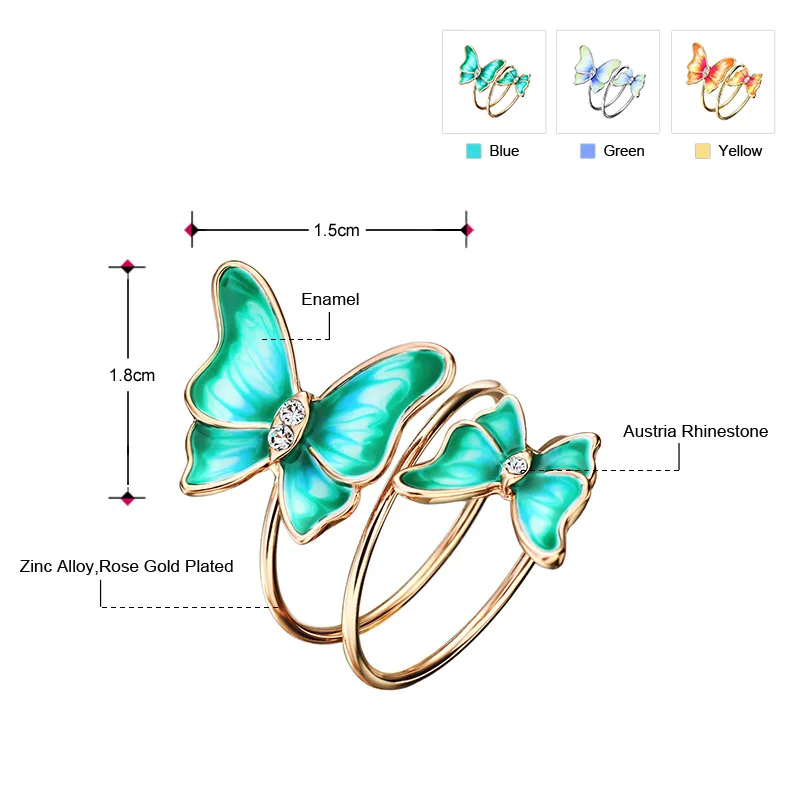 Neoglory австрийские стразы и эмаль регулируемое кольцо на палец красочная Бабочка Стиль Изысканный дизайн для леди модный подарок