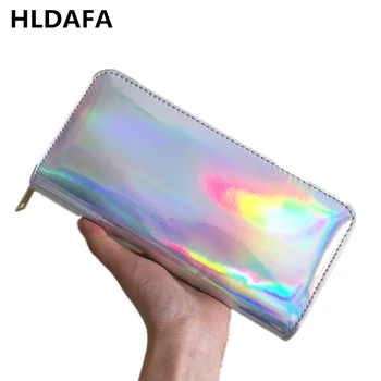 

HLDAFA 2020 New Leather Women Wallet Hologram Bag Laser Silver Clutch Wallet Long Female Money Purse Bank Card Holder Phone Bag