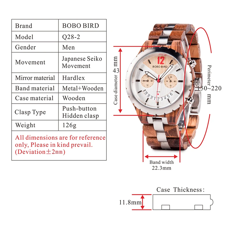 BOBO BIRD Wood Men Watches Waterproof Quartz Watch Top Brand Luxury Wristwatches relogio masculino Great Men's Gifts V-Q28