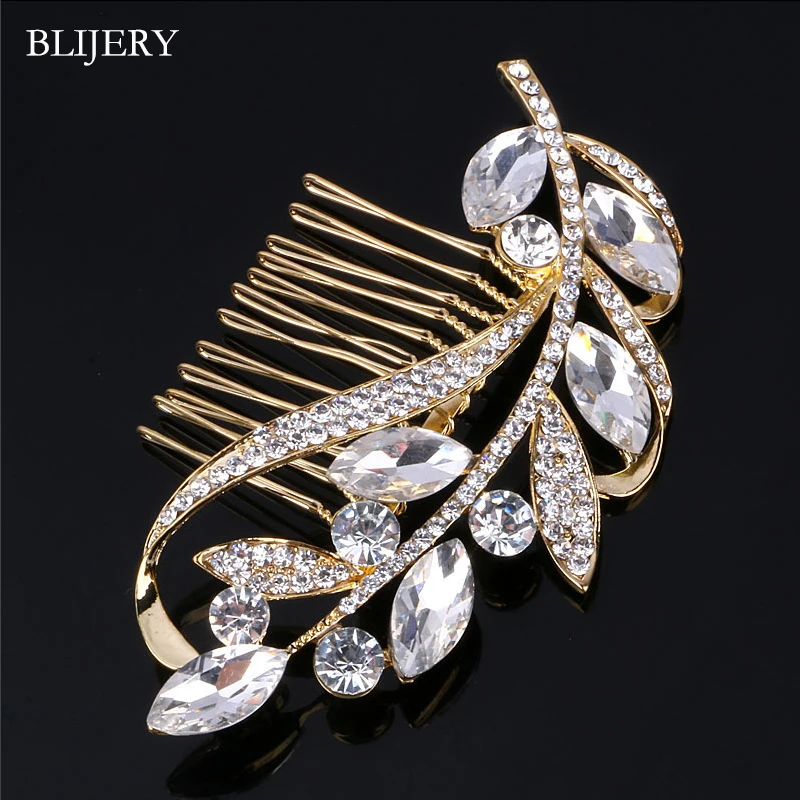 

BLIJERY Charm Leaf Branch Bridal Hair Accessories Gold Color Crystal Wedding Hair Combs for Women Hairpins Wedding Hair Jewelry