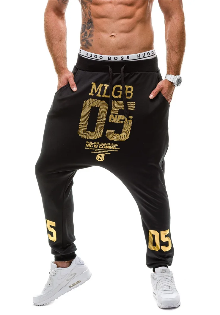 

NEW 2019 Spring autumn Casual low crotch Hip Hop beam foot leg pants streetwear Street dance Gold Number Printed Trousers Men