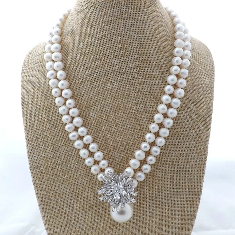

K122911 18" 2Strands White Pearl CZ Pendant Necklace