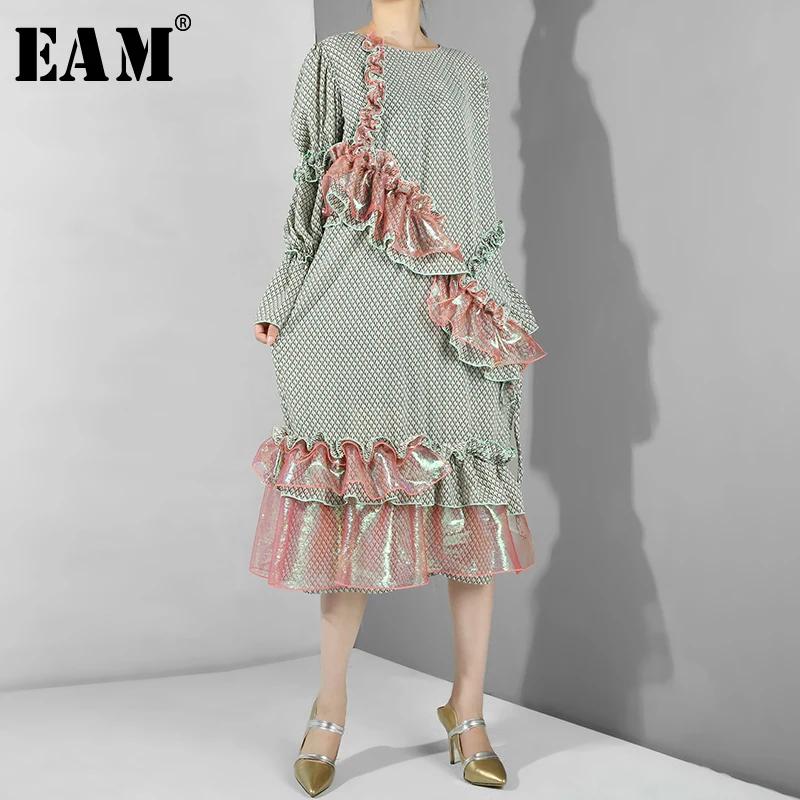 

[EAM] 2019 New Autumn Winter Round Neck Long Sleeve Pattern Printed Ruffles Split Joint Big Size Dress Women Fashion Tide JU5290