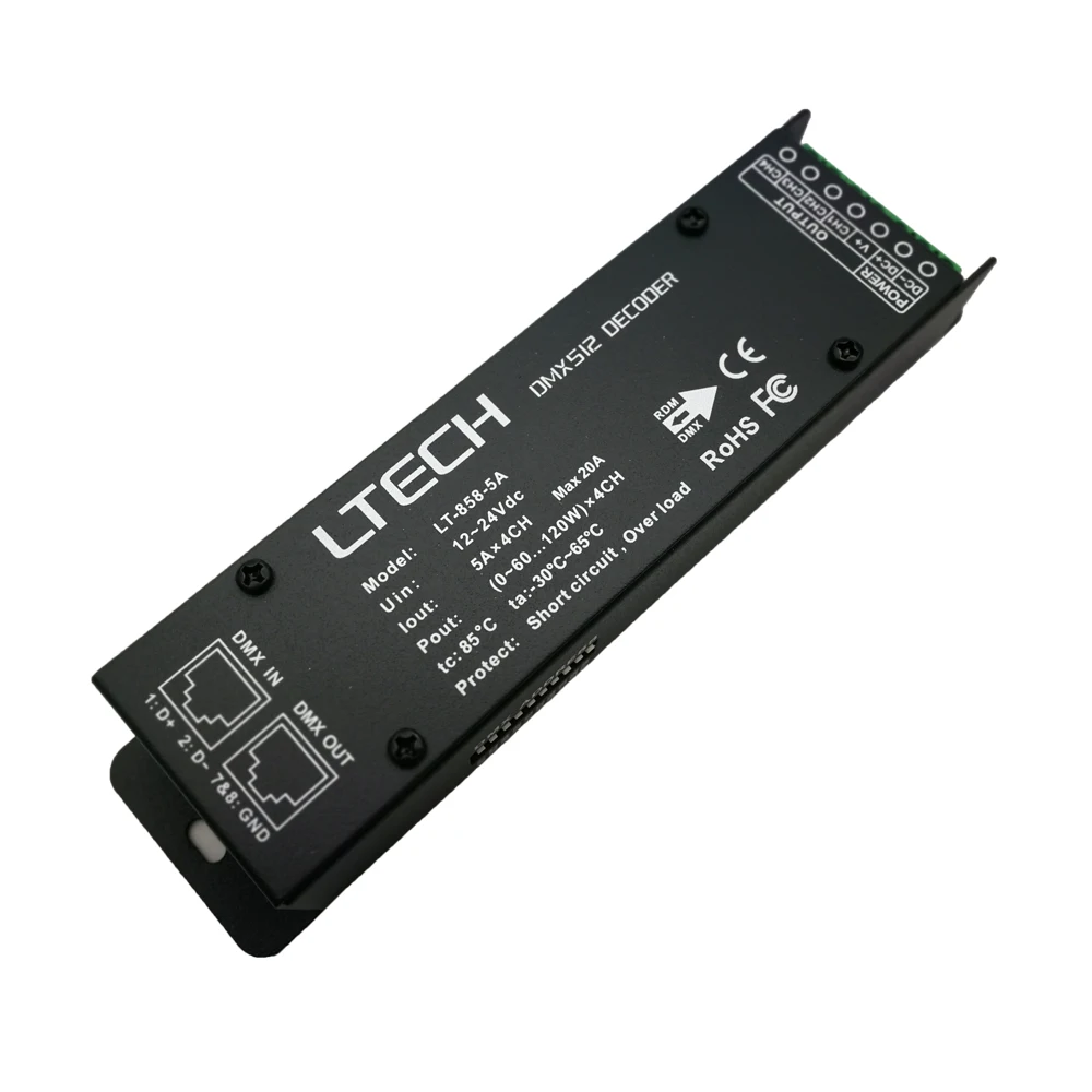 LT-858-5A DMX декодер 4CH CV RGBW полосы использования; DC12-24V в 5A* 4CH Max 20A RJ45 выход 0- яркость различные изменения