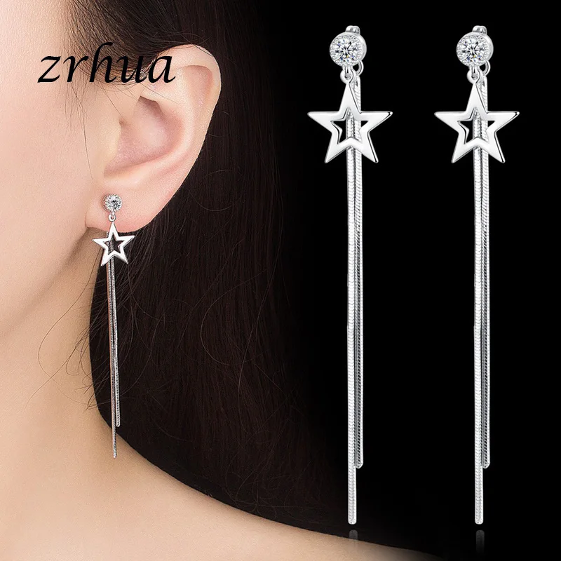 

ZRHUA 925 Sterling Silver Elegant Tassel Drop Earrings For Women Star Long Girl Earings Personality Sterling-silver-jewelry