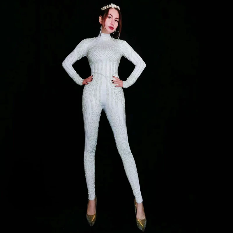 

Sexy White Pearls Stretch Bodysuit Women'S Party Female Singer Costume Celebrate Outfit Gogo Stage Dance Wear Jumpsuit DT945